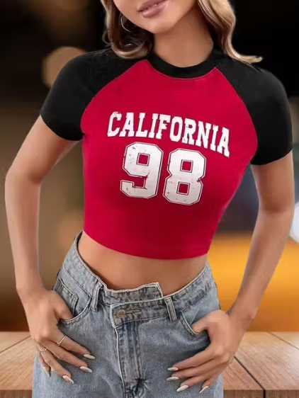 California Vibes Round Neck Printed Crop Top