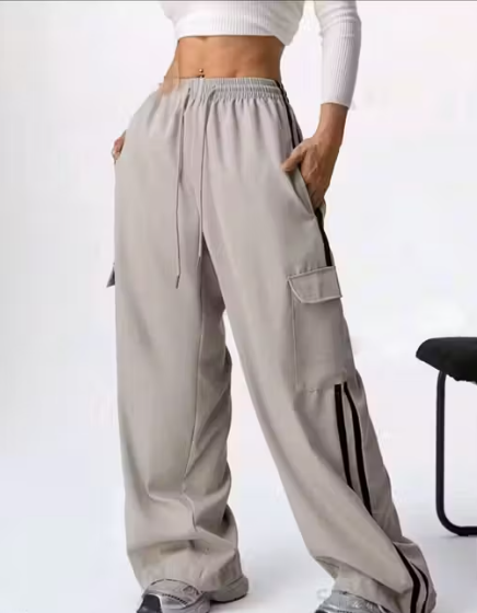 Urban Ease Beige Trousers with Black Stripe – Women’s Relaxed Fit