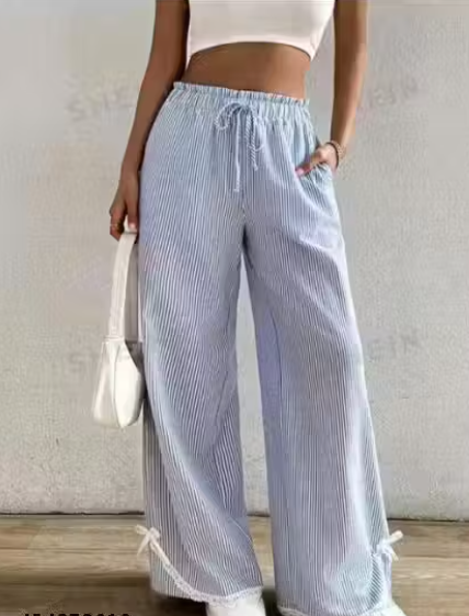 Orbina Fashion Printed Wide-Leg Bell Bottoms with Blue Lace