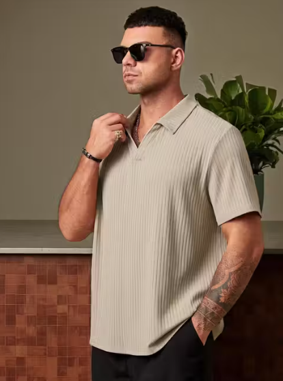 RivonEdge™ Textured Rib-Knit Open Collar Polo for Men