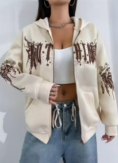 Cream Typo Zip Hoodie