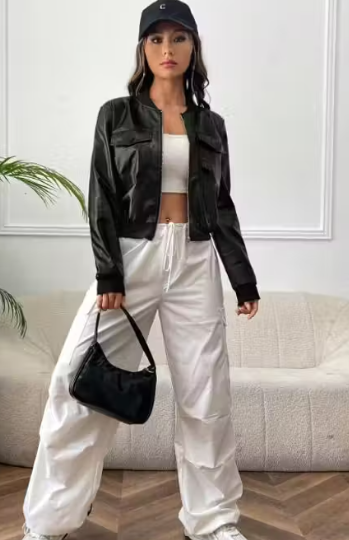 Black Crop Bomber Leather Jacket
