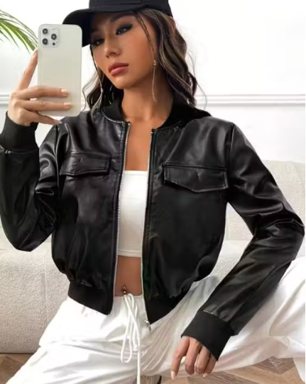Black Crop Bomber Leather Jacket
