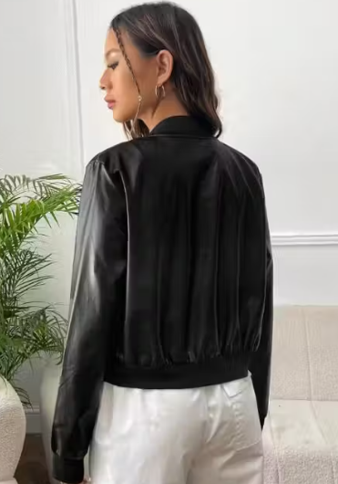 Black Crop Bomber Leather Jacket