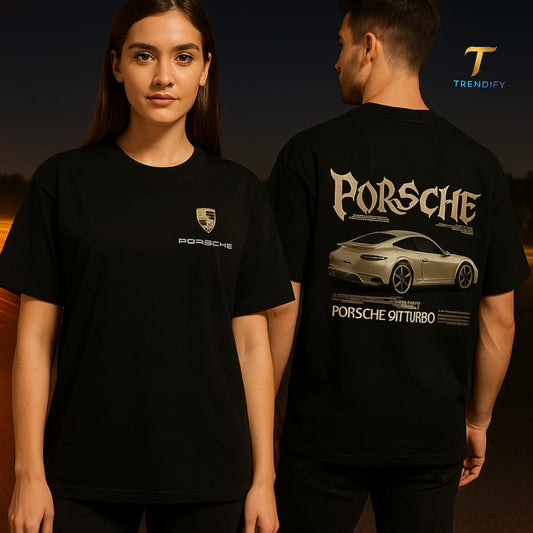 Turbocharged Drip – Porsche 911 Y2K Gold Oversized Tee