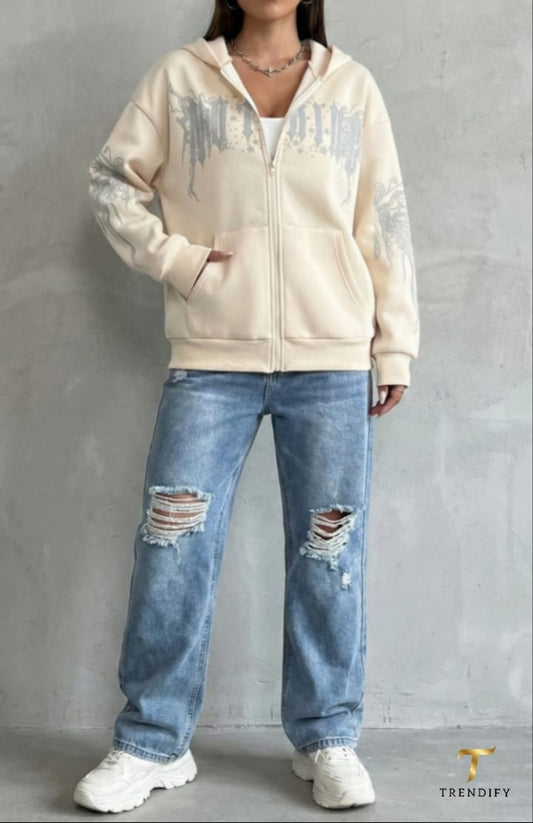 Cream Oversize Typo Zip Hoodie(Unisex)